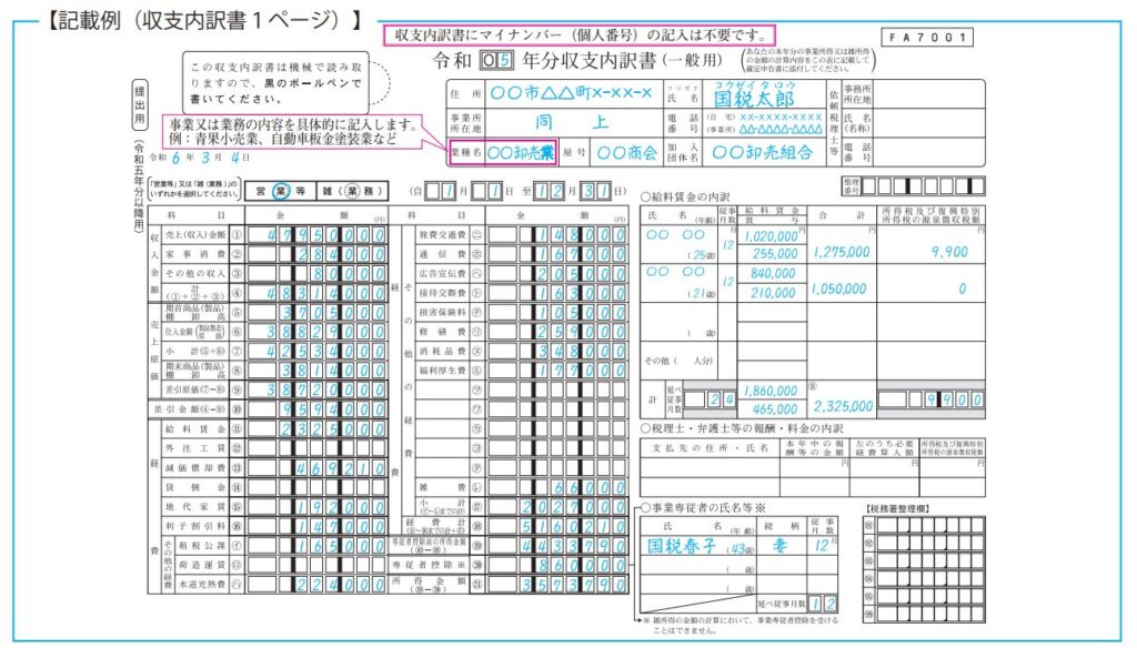 白色申告の収支内訳書